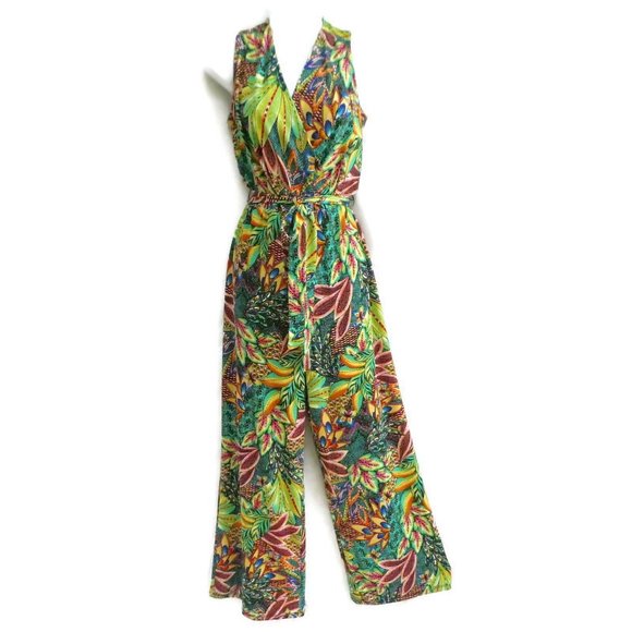 Tacera Pants - Jumpsuit Faux Wrap Bodice Wide Leg Tie Peacock M